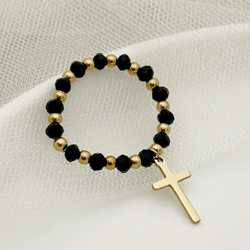 Women’s simple gold rings-1 Piece Fashion Cross Stainless Steel Beaded Rings