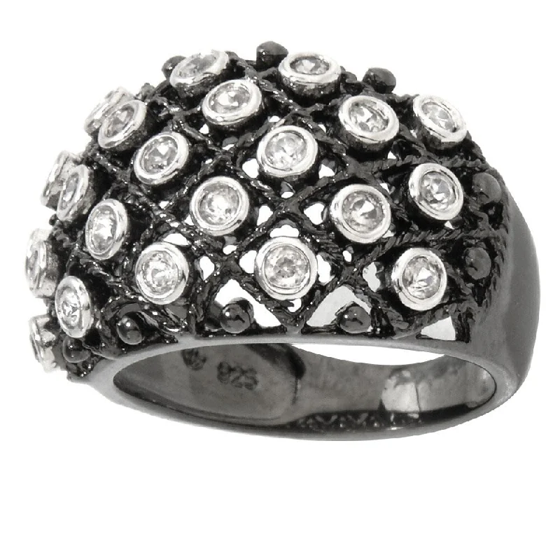 Women’s oval engagement rings-Black Rhodium-plated Natural White Zircon Dome Ring