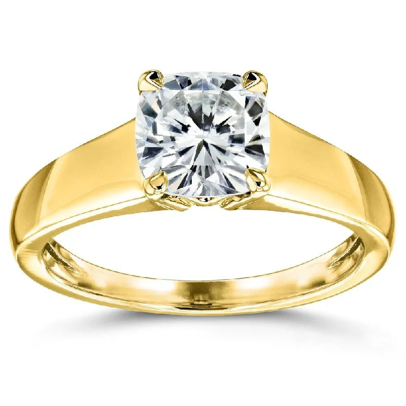 Women’s platinum engagement rings-Annello by Kobelli 14k Yellow Gold 1 1/10 Carat Cushion Moissanite Classic 4-Prong Wide Solitaire Ring (GH/VS)