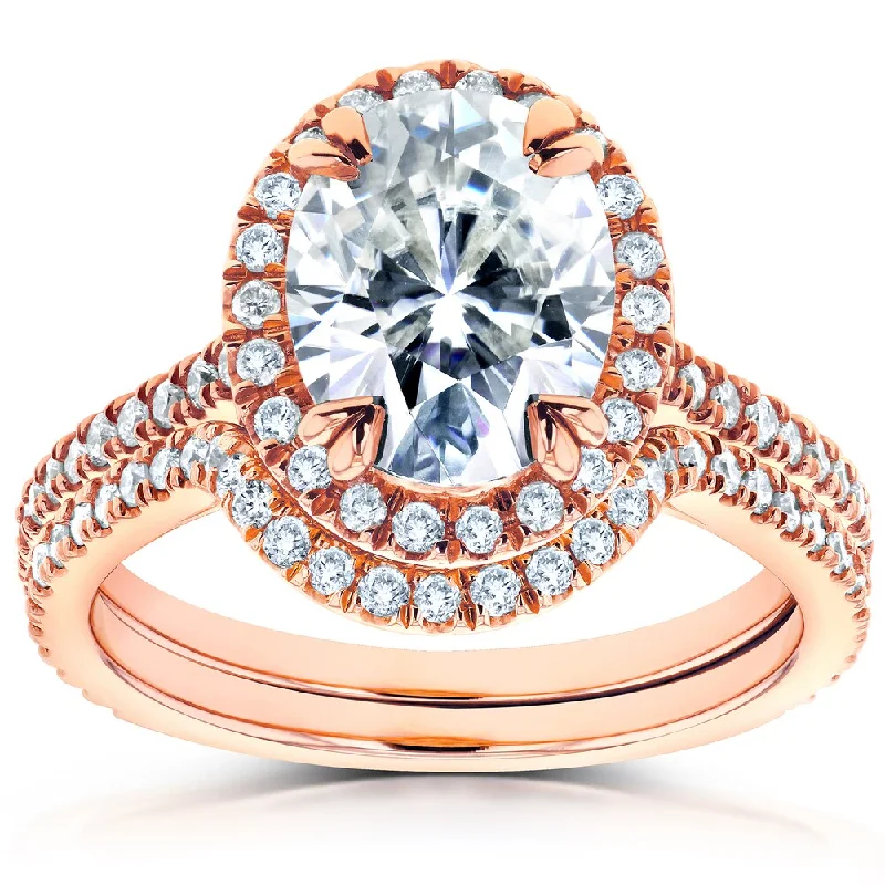 Women’s large gemstone rings-Annello by Kobelli 14k Rose Gold Oval Moissanite and 1/2ct TDW Diamond Halo 2-Piece Bridal Rings Set