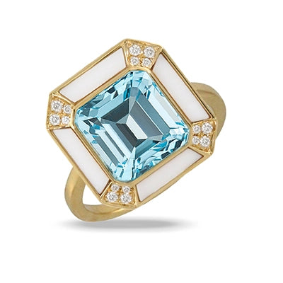 Women’s halo diamond engagement rings-Doves 18K Yellow Gold Diamond Ring with White Agate and Light Blue Topaz