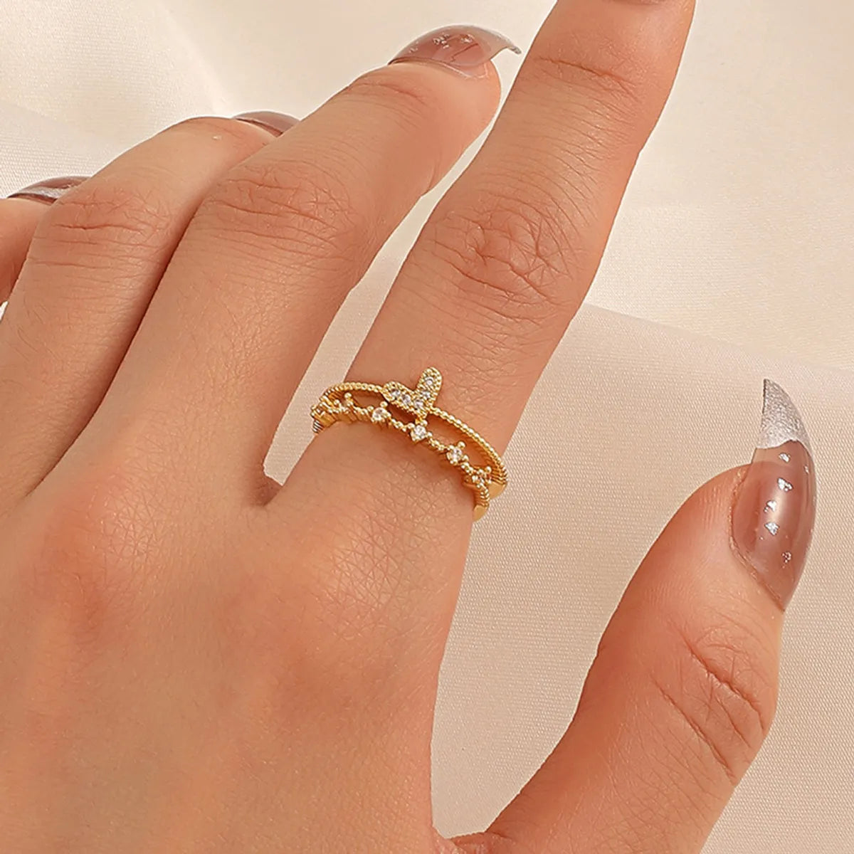 Women’s birthstone wedding rings-Fashion Double Layers Heart Zircon Inlaid Open Copper Ring