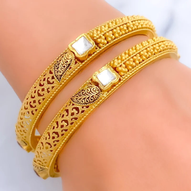 Women’s pearl bangle bracelets-Leaf Adorned Antique Kundan 22k Gold Bangles