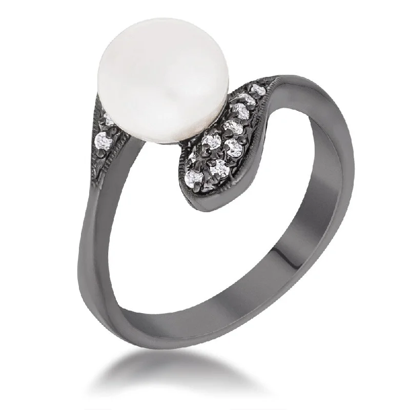 Women’s silver engagement rings-Hematite Pearl Interlocked Double Teardrop Ring with Cubic Zirconia