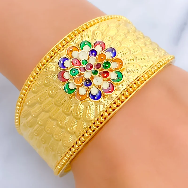 Women’s silver braided bracelets-Vibrant Meenakari Flower 22k Gold Screw Bangle