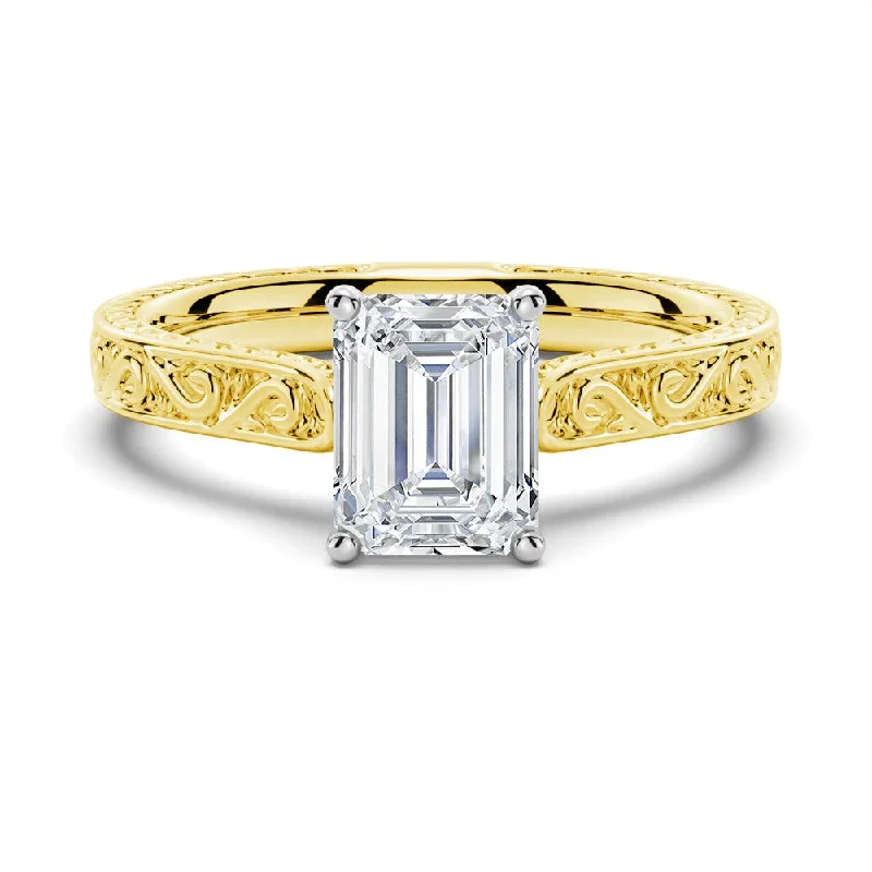 Women’s halo engagement rings-Vintage Two-Tone Emerald Cut Moissanite Engagement Ring With Milgrain Edges