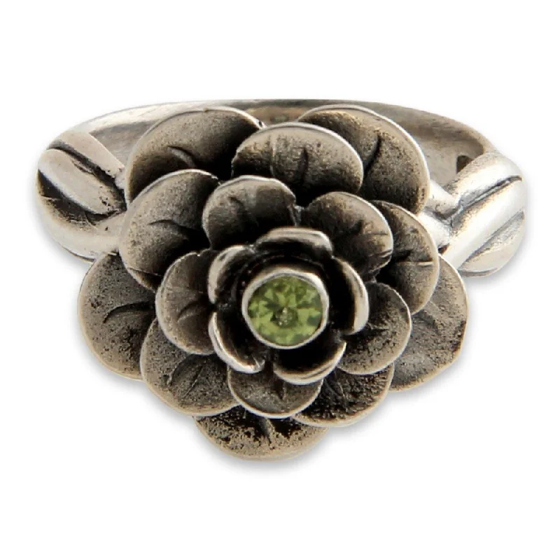 Women’s elegant diamond rings-NOVICA Handmade Sterling Silver 'Holy Lotus' Peridot Flower Ring (Indonesia)