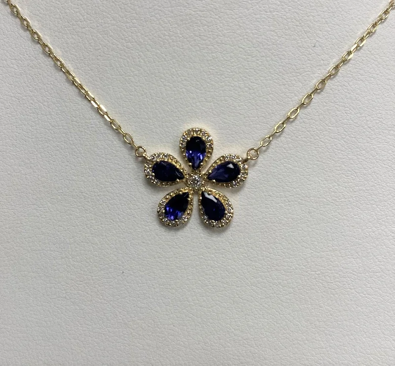 Women’s multi-strand necklaces-14kt Yellow Gold Iolite Flower Necklace