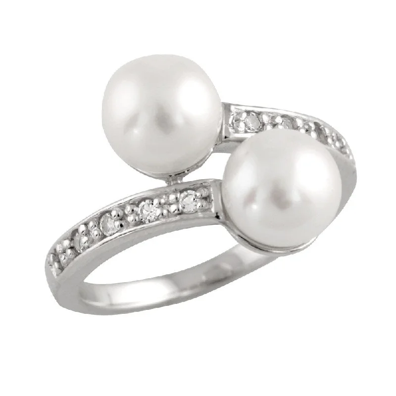 Women’s sapphire rings-Sterling Silver Fancy Double Pearl and Cubic Zirconia Ring (7-8mm)