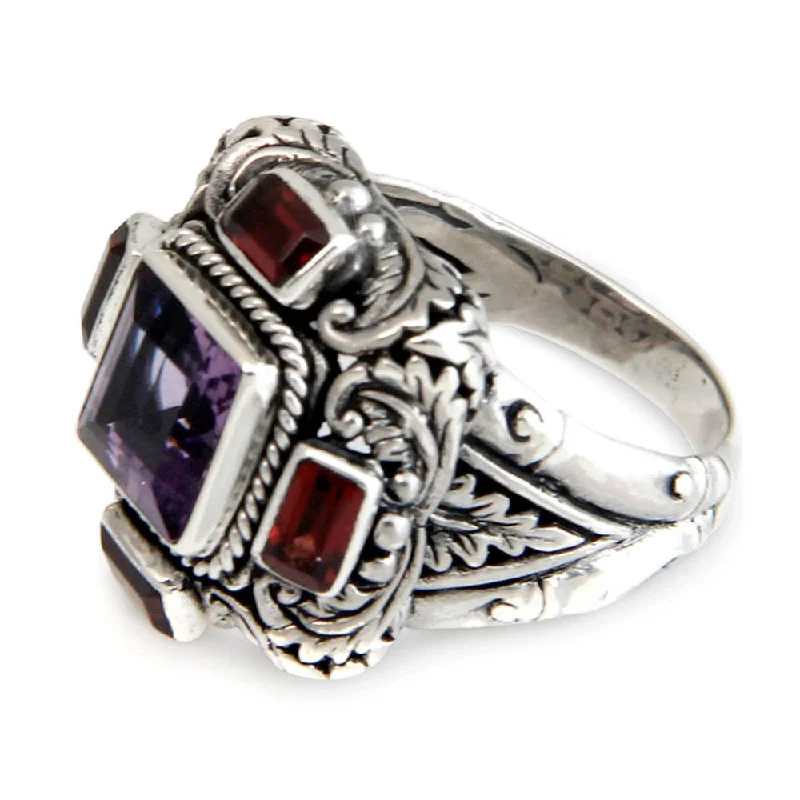 Women’s wedding rings with rubies-Handmade Sterling Silver 'Temple Guardian' Garnet Amethyst Ring (Indonesia) - Purple