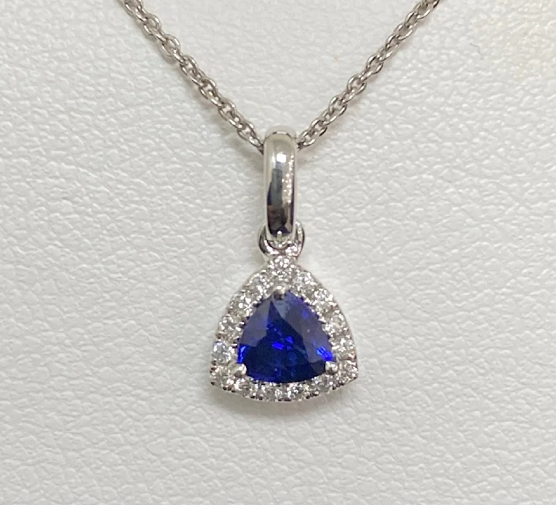 Women’s 14k gold necklaces-14kt White Gold Trillion Sapphire and Diamond Pendant