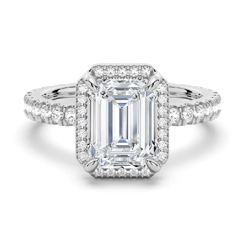 Women’s rose gold engagement rings-Half Eternity Emerald Cut Moissanite Halo Engagement Ring