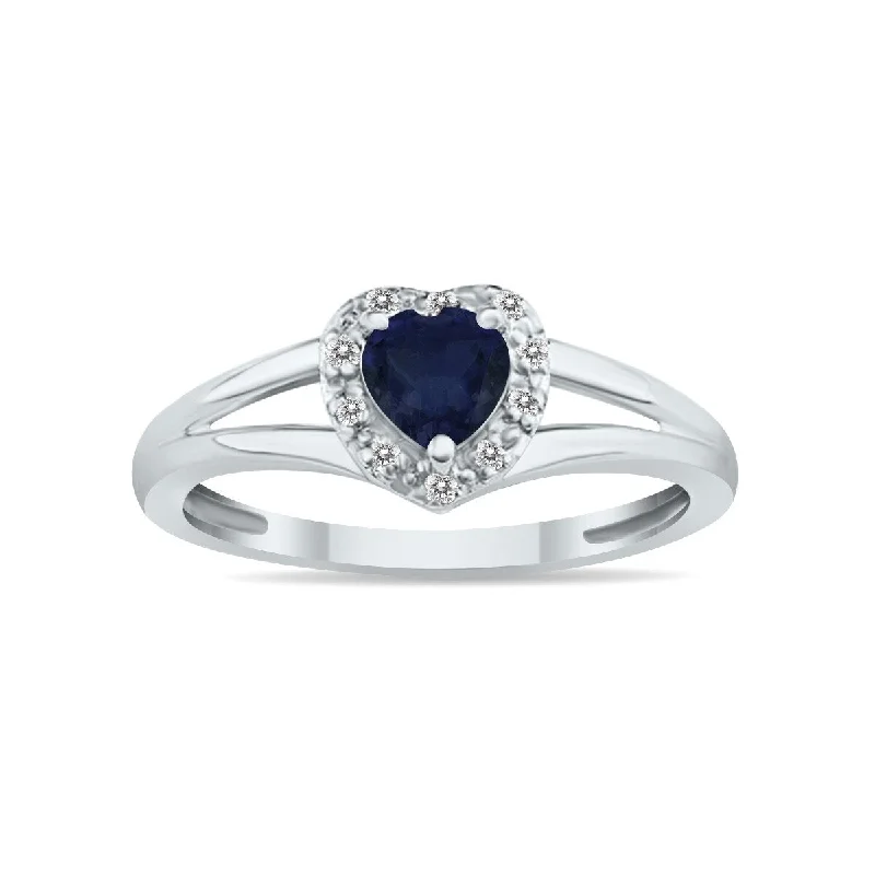 Women’s geometric rings-Marquee Jewels Heart Shape Sapphire and Diamond Ring in 10K White Gold