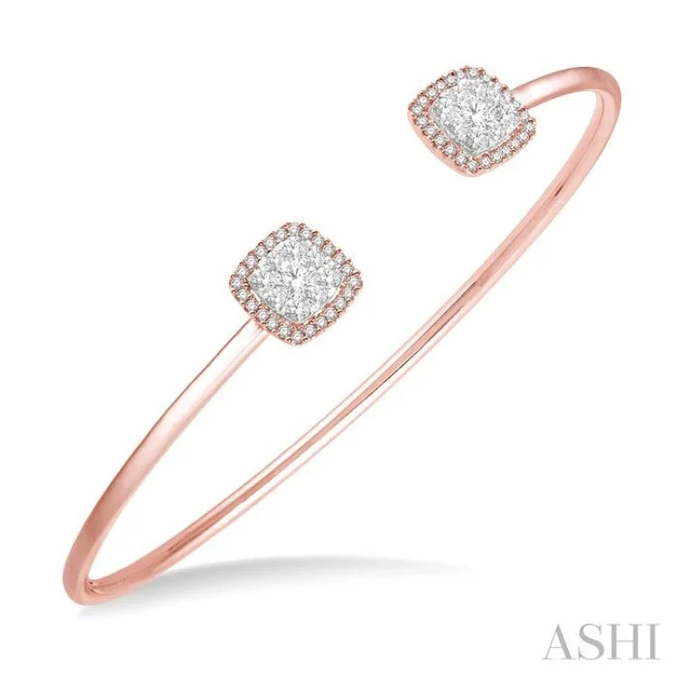 Women’s elastic bracelets-3/4 Ctw Cushion Shape Lovebright Open Cuff Diamond Bangle in 14K Rose and White Gold