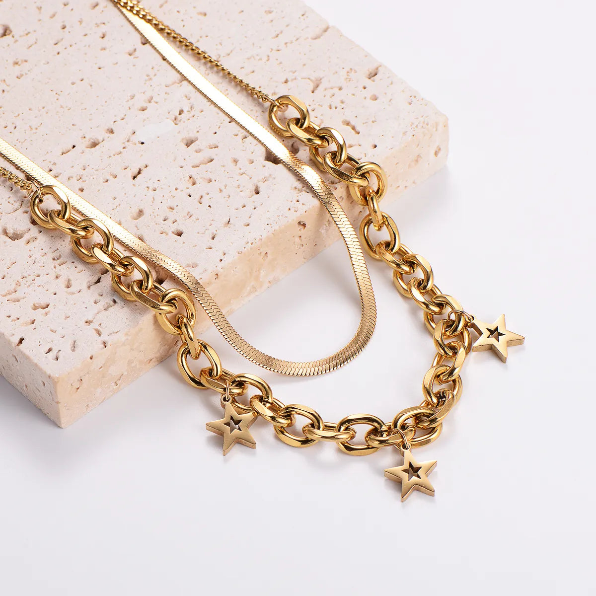 Women’s custom jewelry necklaces-Retro Star Stainless Steel 18k Gold Plated Layered Necklaces