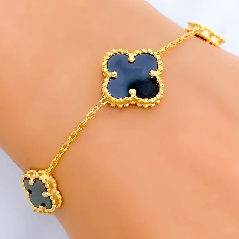 Women’s custom name bracelets-Magnificent Black Onyx 21k Gold Clover Bracelet