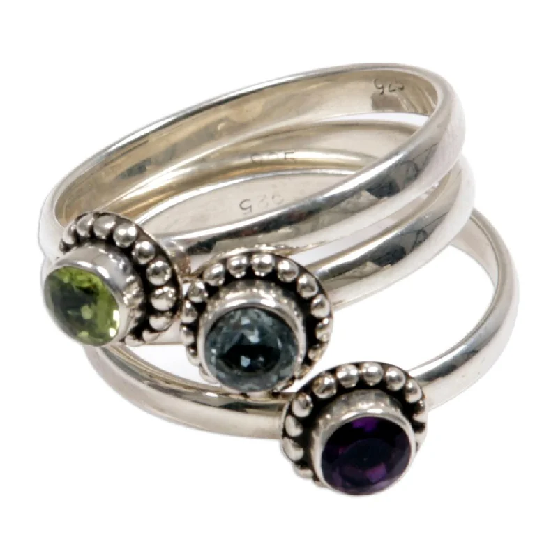 Women’s simple gold rings-Handmade Set of 3 Sterling Silver 'Trio of Love' Multi-gemstone Rings (Indonesia)