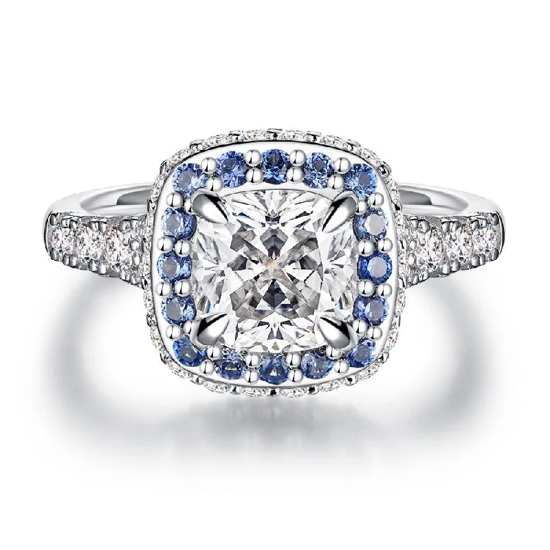 Women’s engagement rings with a band-Double Sapphire Halo Cushion Cut Moissanite Engagement Ring With Split Band