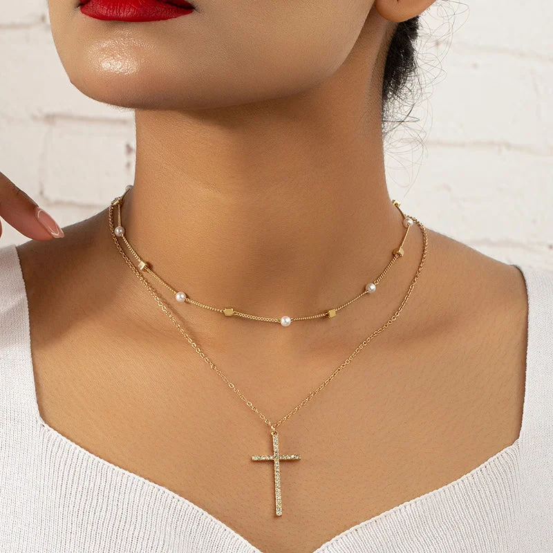 Women’s modern gold necklaces-Simple Style Classic Style Cross Alloy Plating Inlay Artificial Rhinestones 14k Gold Plated Women's Double Layer Necklaces