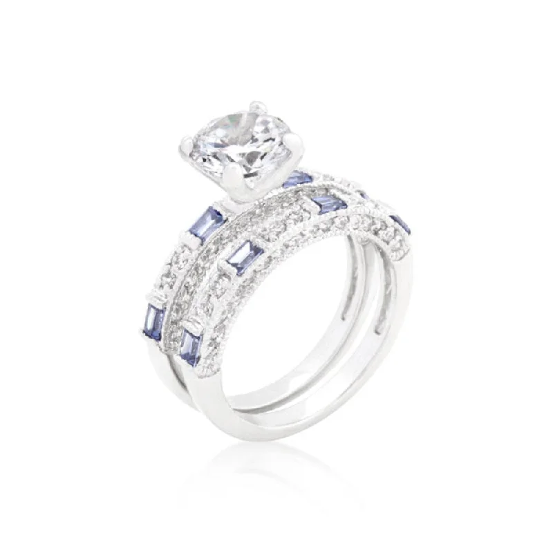 Women’s sterling silver rings-Clear And Tanzanite Cubic Zirconia Ring Set