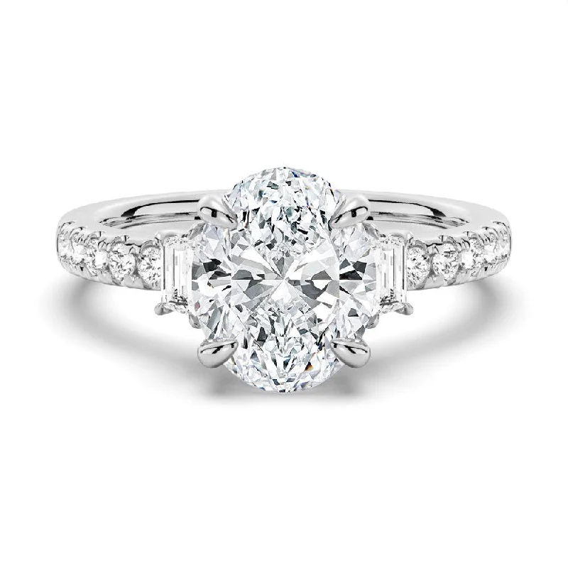 Women’s square cut engagement rings-Three Stone Oval & Half Moon Moissanite Engagement Ring with Pavé Band