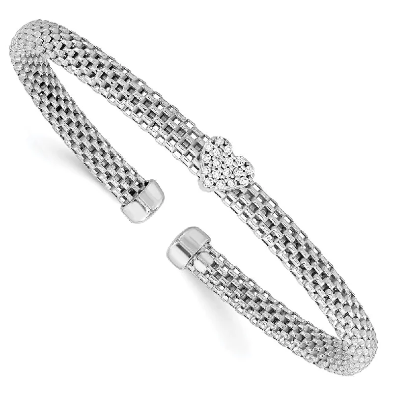 Women’s mixed metal bracelets-Sterling Silver Rhodium-plated Polished CZ Heart Mesh Cuff Bangle-WBC-QB1439