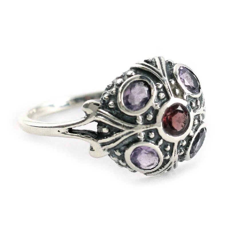 Women’s boho rings-Handmade Enthralling Jaipur Amethyst and Garnet Cocktail Sterling Silver Ring (India)