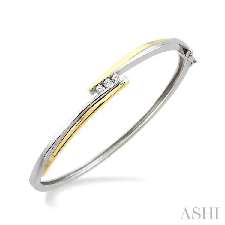 Women’s fashion bangles-1/6 ctw Three Stone Round Cut Diamond Bangle in 10K White and Yellow Gold