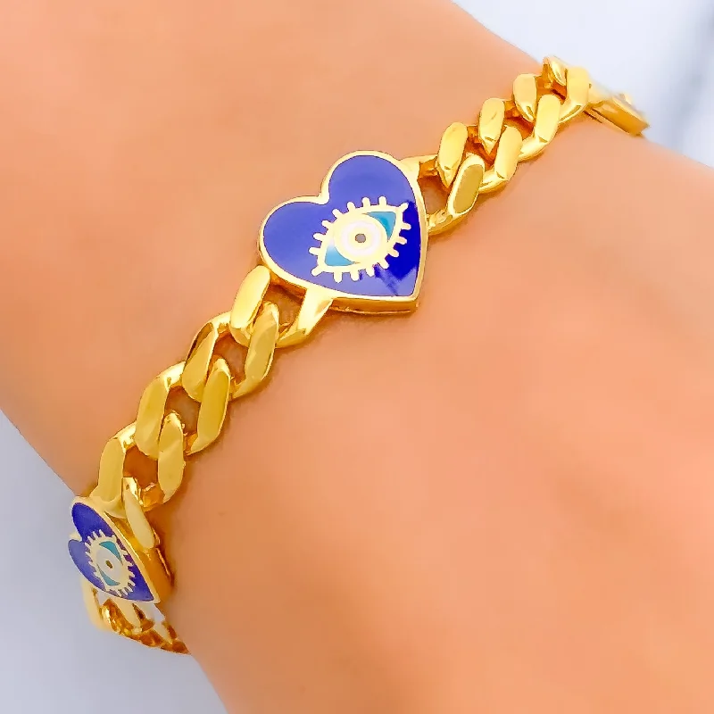 Women’s modern bangles-Special Triple Heart 21k Gold Evil Eye Bracelet