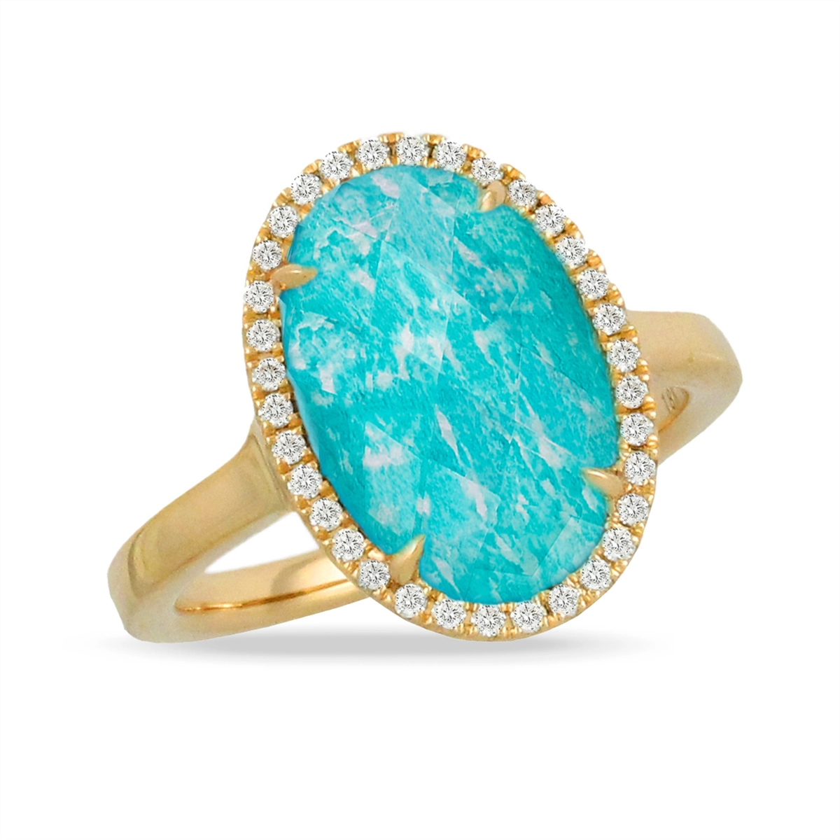 Women’s three-stone engagement rings-Doves 18K Yellow Gold Diamond Ring with Clear Quartz over Amazonite