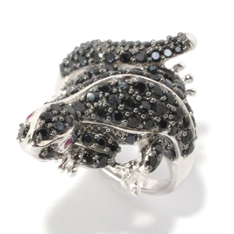 Women’s matching wedding and engagement rings-Sterling Silver Black Spinel Salamander Ring