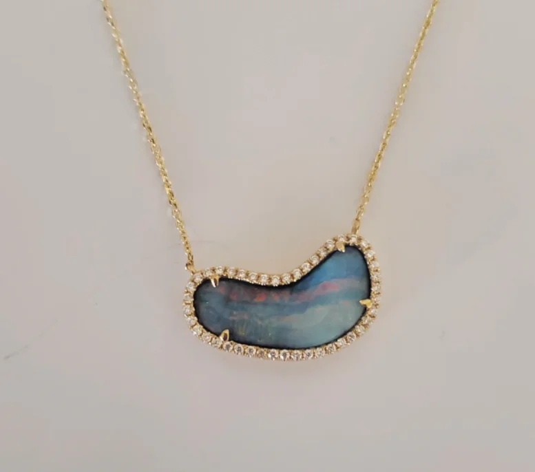 Women’s layered necklaces-14kt Yellow Gold Opal and Diamond Necklace