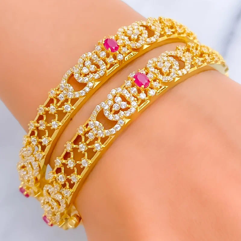 Women’s adjustable bracelets-Radiant Impressive 22k Gold CZ Floral Bangle Pair