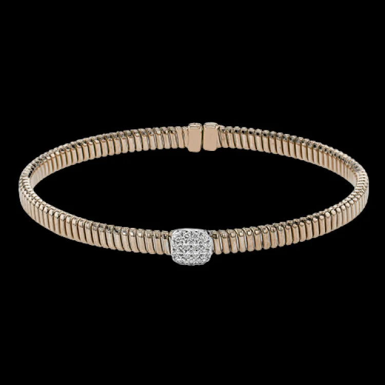 Women’s leather bracelets-This modern design 18k rose gold textured bangle with .19ctw diamonds set in a cushion shape and magnetic closure, is perfect for stacking