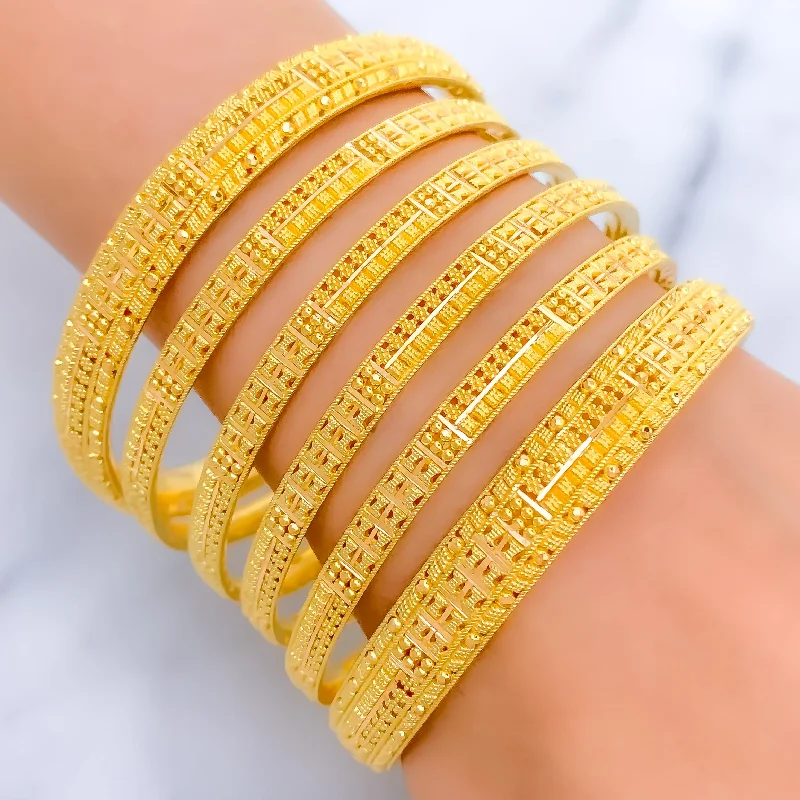 Women’s luxury gold bracelets-Traditional Reflective Striped 22k Gold Bangle Set