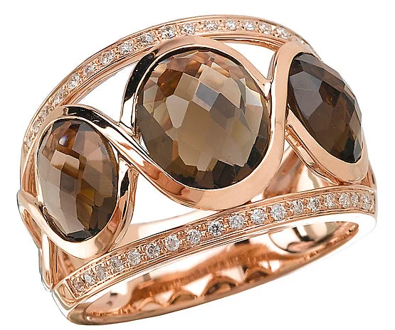 Women’s diamond ring engagement set-14K Rose Gold Triple Smoky Quartz & Diamond Ring