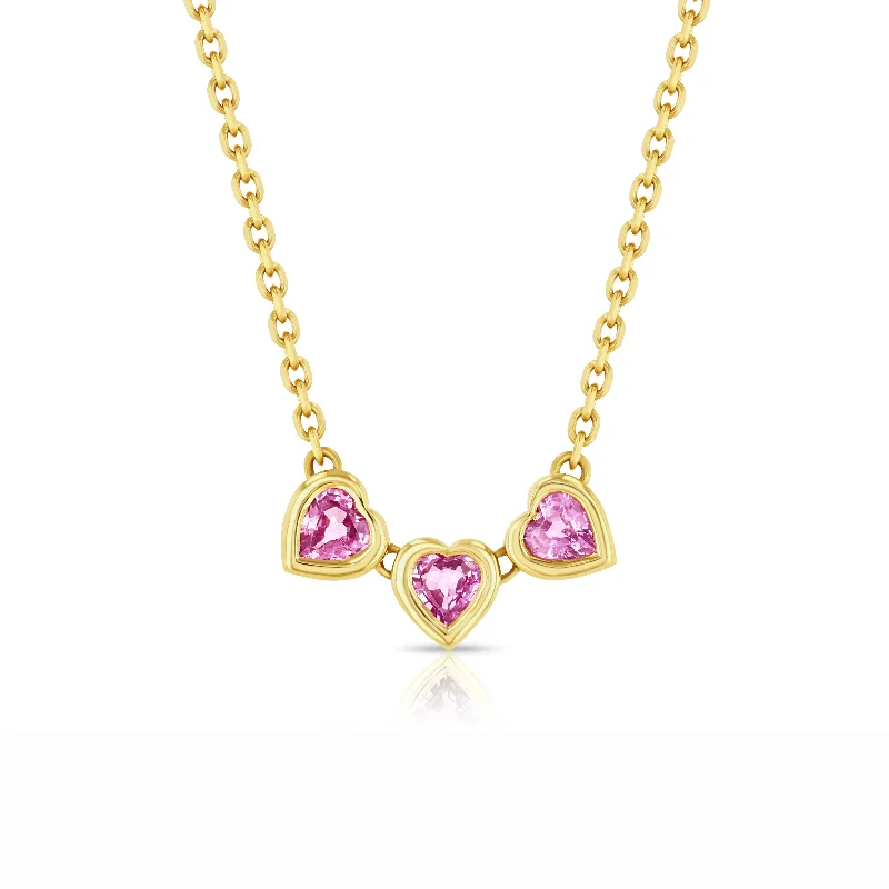 Women’s turquoise necklaces-Pink Sapphire Trio Heart Necklace