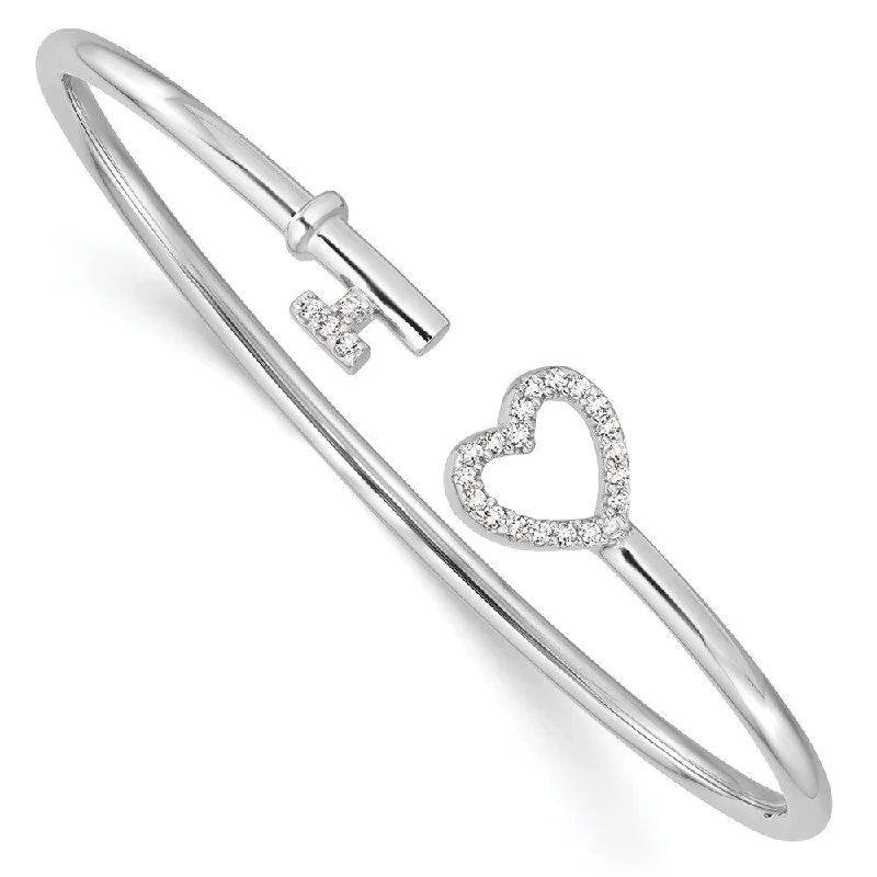 Women’s luxury bangle sets-Sterling Silver Rhodium-plated CZ Heart and Key Flexible Bangle-WBC-QB1219