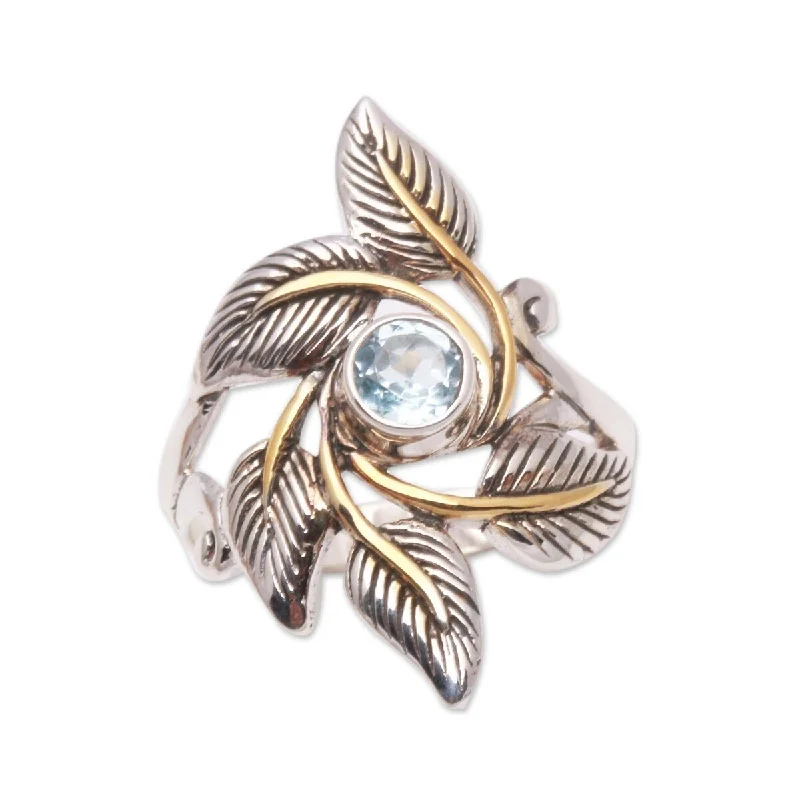 Women’s rose gold wedding rings-NOVICA Wreathed in Leaves, Gold accented blue topaz cocktail ring