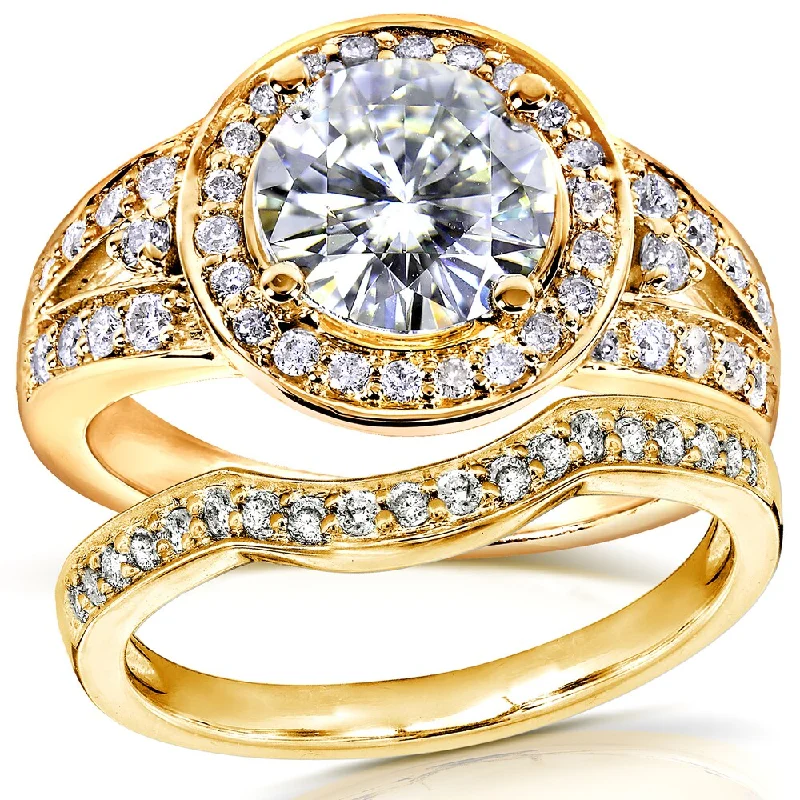 Women’s flower-shaped rings-Annello by Kobelli 14k Yellow Gold 2ct TGW Round Moissanite and Diamond Halo Bridal Ring 2-Piece Set