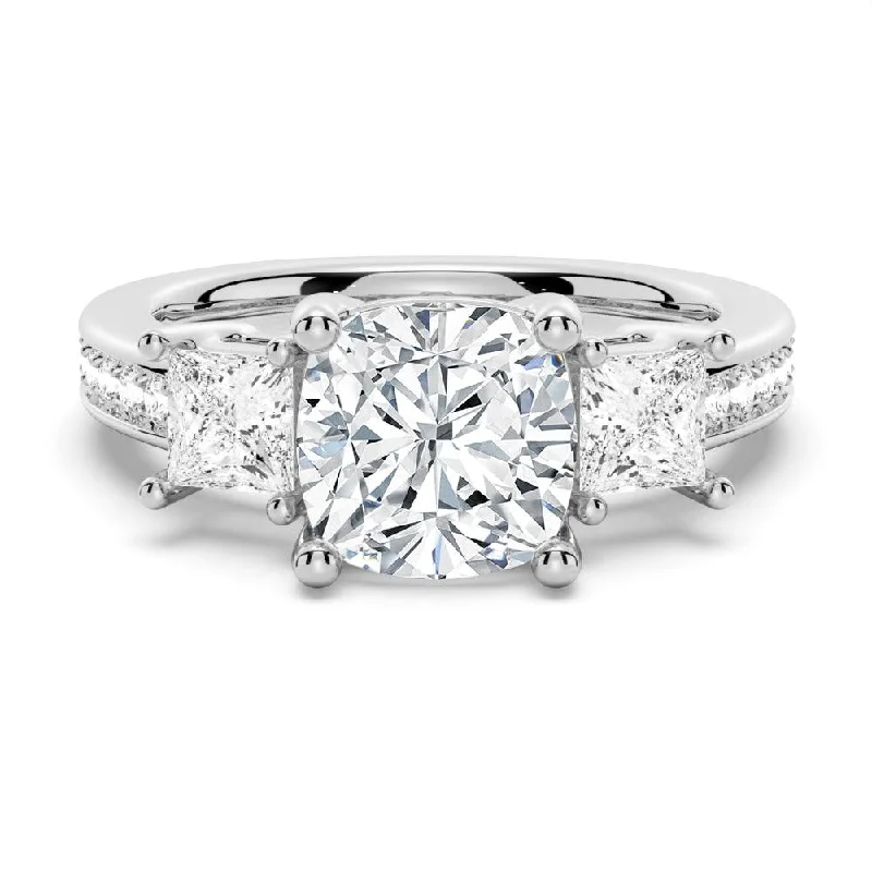 Women’s luxury engagement rings-Three Stone Cushion-Shaped Engagement Ring With Princess Cut Accents