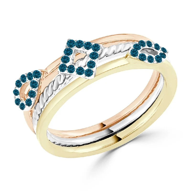 Women’s chunky gemstone rings-Auriya Geometric Tri-Color Stackable Blue Diamond Ring 1/5cttw 10K Gold