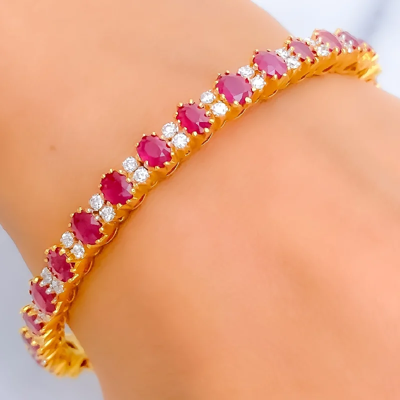 Women’s delicate silver bracelets-Royal Alternating Ruby Diamond + 18k Gold Bangle