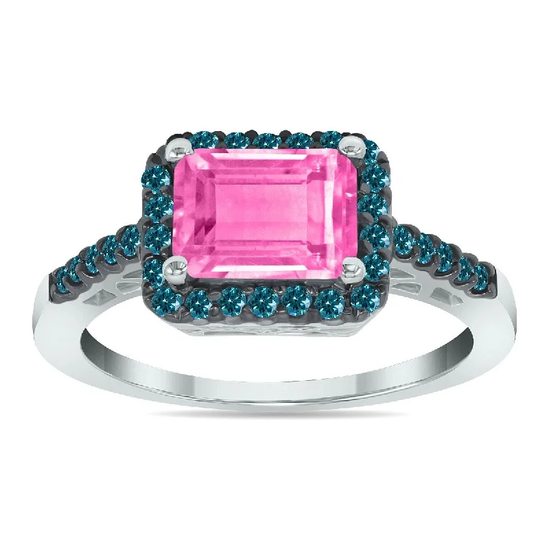 Women’s diamond cocktail rings-Marquee Jewels 2 1/2 Carat Emerald Cut Pink Topaz and 1/3 CTW Blue Diamond Ring in 10K White Gold