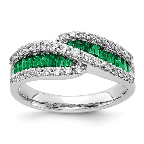 Women’s halo sapphire engagement rings-14K White Gold Baguette Emerald Diamond Ring