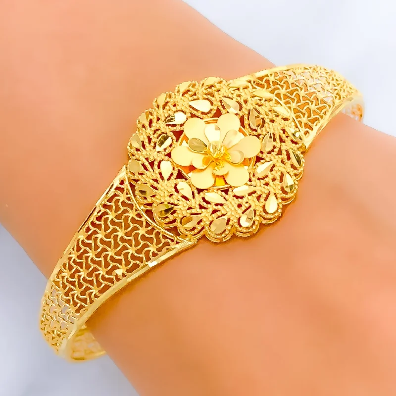 Women’s infinity bracelets-Graceful Dual Finish Flower 22k Gold Bangle Bracelet