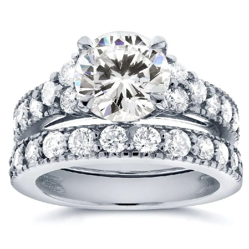 Women’s signet rings-Annello by Kobelli 14k White Gold Moissanite and 1 1/10ct TDW Antique Diamond Bridal Rings Set