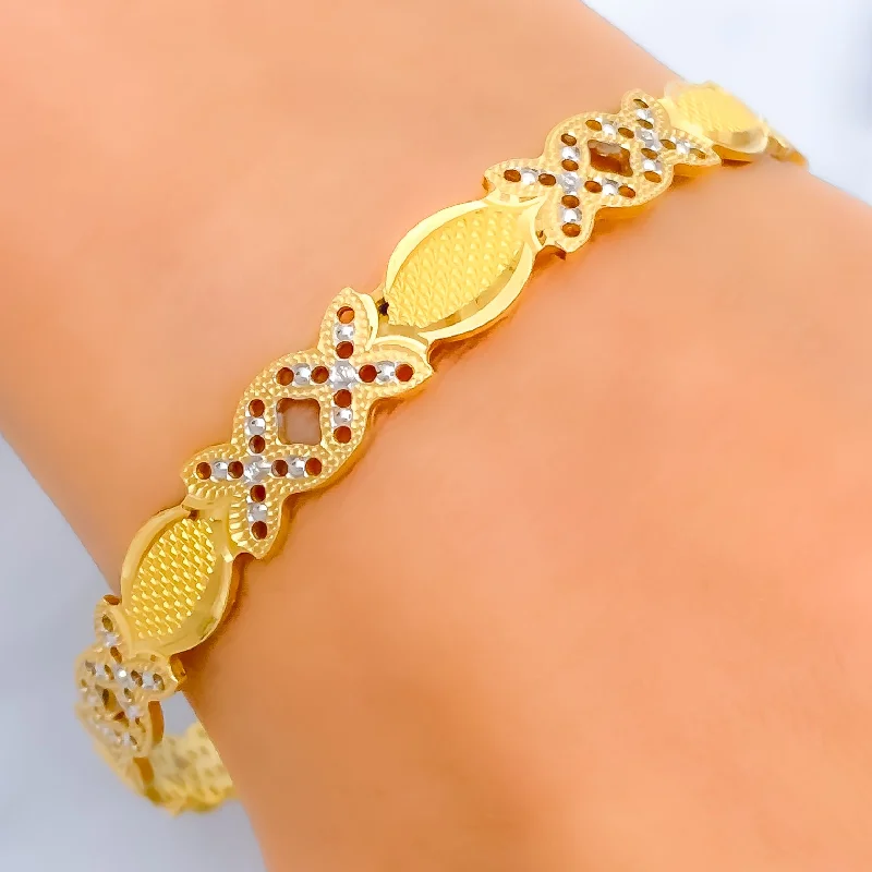 Women’s personalized bracelets-Textured Twin Flower 22k Gold Bangle