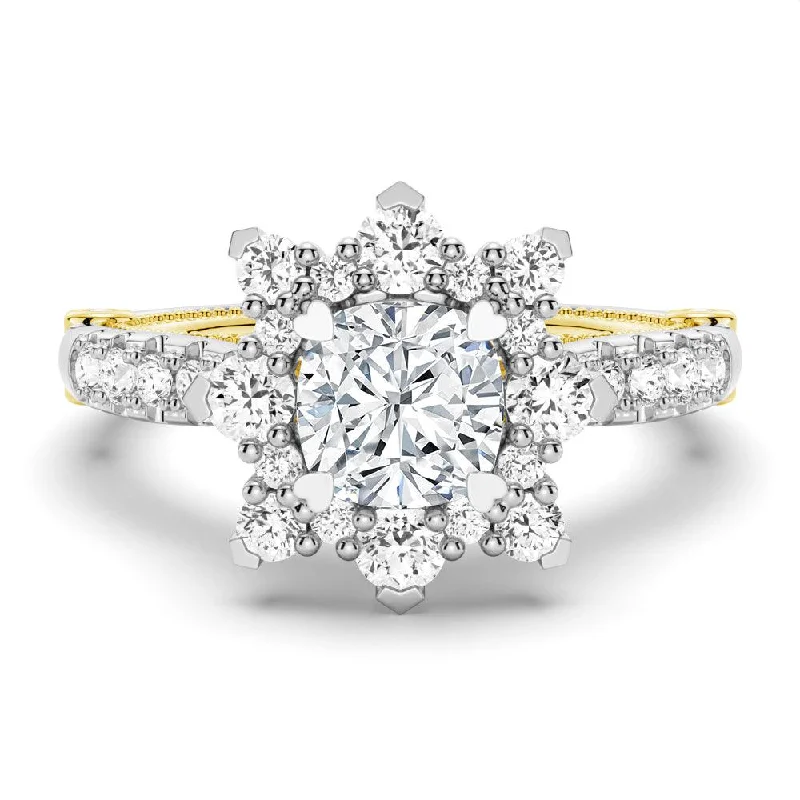 Women’s split shank engagement rings-1 CT. Vintage Inspired Two-Tone Cushion Halo Moissanite Engagement Ring