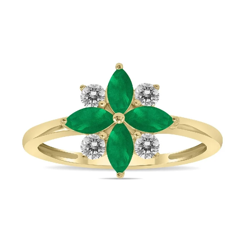 Women’s promise rings-Marquee Jewels 3/4 Carat TW Emerald and Diamond Flower Ring in 10K Yellow Gold